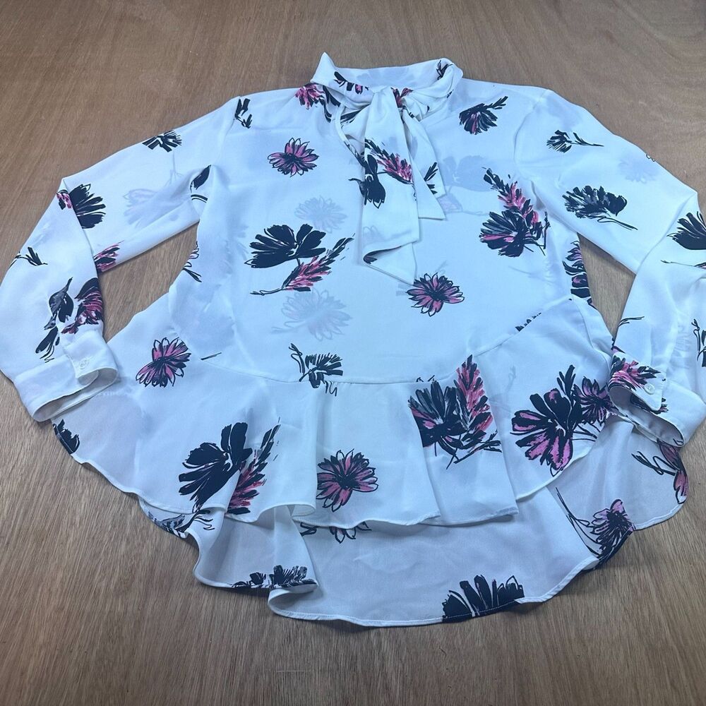 Vince Camuto Floral Tie Neck Peplum Blouse Sheer White‎ Pink Women S